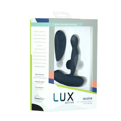 Lux Active Revolve 4.5-inch black silicone rotating and vibrating anal massager with remote in retail packaging.
