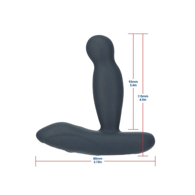 Black silicone rotating and vibrating massager with dimensions labeled for insertable and base length.