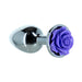 Purple rose-shaped metal butt plug with smooth tapered design and polished finish.