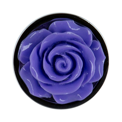 Top view of a purple rose-shaped metal butt plug with a smooth, glossy finish.