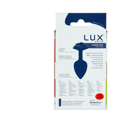 Packaging box of Lux Active Purple Rose Metal Butt Plug with product features and specifications on the back.