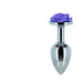 Purple rose-shaped top metal butt plug with smooth tapered silver body, 3 inches long.