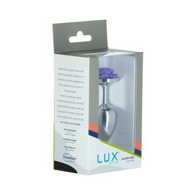 Lux Active Rose Metal Butt Plug in purple with rose-shaped tip, displayed in clear retail packaging.