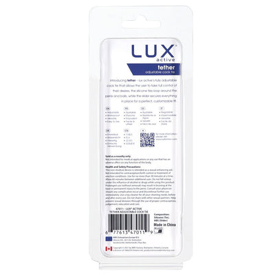 Back view of Lux Active Tether adjustable cock tie packaging with product details and safety information.