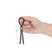 Hand holding black adjustable silicone tether with metal slider, measuring 120mm (4.7in) length.