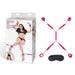 Lux Fetish 7-piece hot pink bed spreader restraint system with adjustable cuffs and black satin blindfold.