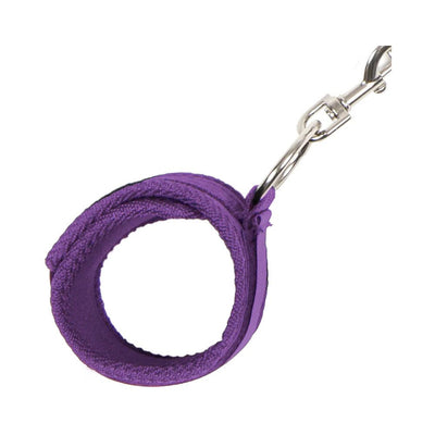 Close-up of a purple plush adjustable wrist cuff with metal clasp from the Lux Fetish 7pc Bed Spreader set.