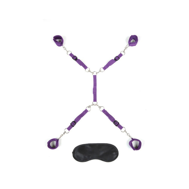 Purple adjustable 7-piece bed spreader with soft cuffs and black blindfold for restraint play.