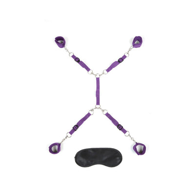 Purple adjustable 7-piece bed spreader with soft cuffs and black blindfold for restraint play.