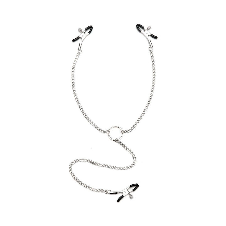 Silver adjustable nipple and clit clamp set with black rubber tips connected by chains and a central ring.