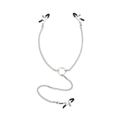 Silver adjustable nipple and clit clamp set with black rubber tips connected by chains and a central ring.