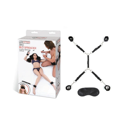 Lux Fetish 7-piece black bed spreader restraint system with adjustable cuffs and included satin blindfold.