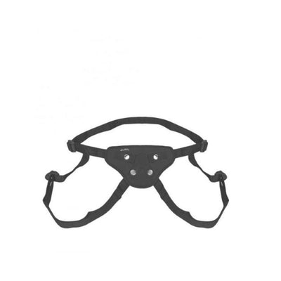 Black adjustable strap-on harness with secure front panel and multiple buckles for a customizable fit.