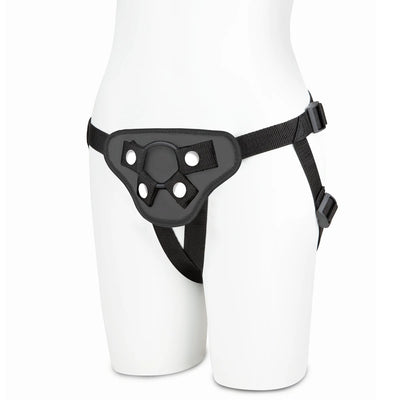 Black adjustable strap-on harness displayed on a white mannequin torso, designed for comfort and secure fit.