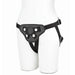 Black adjustable strap-on harness displayed on a white mannequin torso, designed for comfort and secure fit.