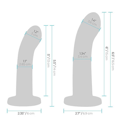 Diagram showing measurements of two curved strap-on dildos with flared bases in centimeters and inches.
