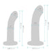 Diagram showing measurements of two curved strap-on dildos with flared bases in centimeters and inches.