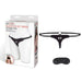 Black velvet bikini strap-on harness with adjustable straps and included black satin blindfold shown with packaging box.