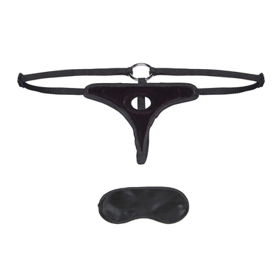 Black velvet bikini-style strap-on harness with adjustable straps and matching black blindfold.
