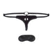 Black velvet bikini-style strap-on harness with adjustable straps and matching black blindfold.