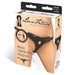 Packaging of Black Velvet Bikini Strap-On harness in black velvet material with adjustable straps shown on mannequin.