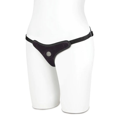 Black velvet bikini-style strap-on harness with adjustable side straps on a white mannequin.
