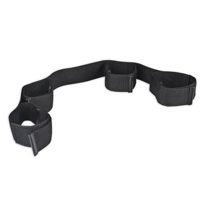 Black adjustable nylon strap with four connected cuffs designed for easy wrist and ankle restraint.