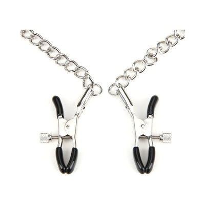 Adjustable metal nipple clamps with black silicone tips connected by silver chain links on white background.