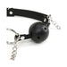 Black breathable ball gag with adjustable leather straps and attached silver nipple clamps with chains.