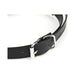 Close-up of black adjustable strap with silver buckle and holes for secure fitting.
