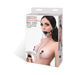 Packaging of Lux Fetish breathable ball gag with adjustable nipple clamps and included satin blindfold shown on model.