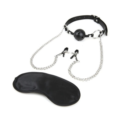 Black breathable ball gag with adjustable nipple clamps and a matching black blindfold on white background.