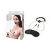 Lux Fetish breathable black ball gag with adjustable nipple clamps and a black satin blindfold displayed with packaging.