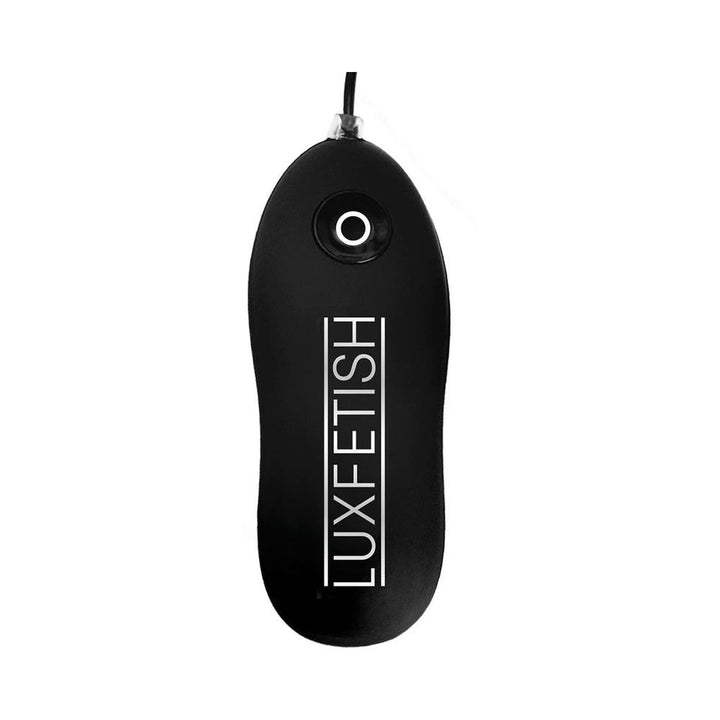 Black handheld pump controller with Lux Fetish branding for inflatable anal balloon toy.