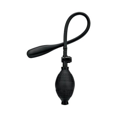 Black Lux Fetish Classic Inflatable Anal Balloon with attached squeeze pump and flexible tube on white background.