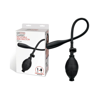 Lux Fetish Classic Inflatable Anal Balloon with hand pump and flexible tube in black next to its packaging box.