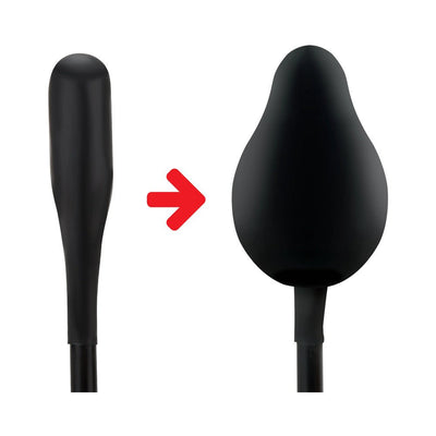 Black inflatable anal balloon shown deflated and fully expanded with red arrow indicating inflation process.