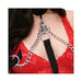 Close-up of black Lux Fetish Collar and chain leash worn with red lace lingerie.