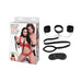 Lux Fetish Collar, cuffs with chain, leash, and black satin blindfold set displayed next to product packaging.