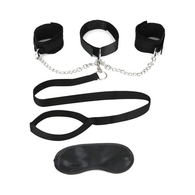 Black adjustable collar and cuffs set with metal chains, leash, and matching blindfold on white background.