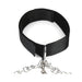 Black adjustable fetish collar with metal D-ring and attached silver chain leash clips on white background