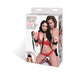 Lux Fetish Collar, cuffs, and leash set packaging featuring a couple with red lingerie and black restraint accessories.