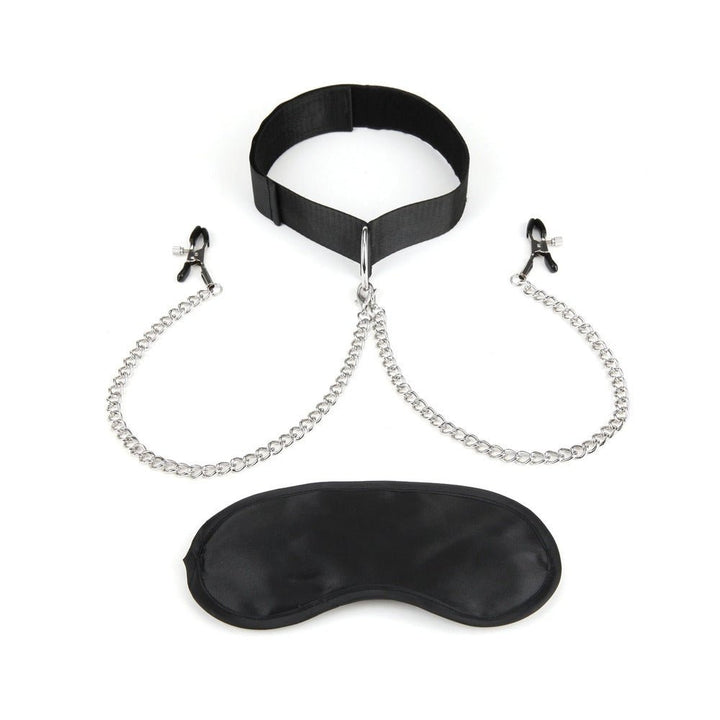 Black adjustable collar with attached silver nipple clips and chains, accompanied by a matching black blindfold.