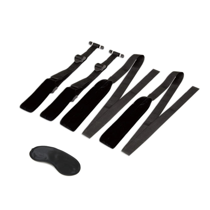 Black Lux Fetish door swing straps with padded supports and an included black blindfold on a white background.