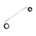 Expandable metal spreader bar with detachable black leatherette cuffs and adjustable rings on a white background