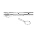 Close-up of stainless steel expandable spreader bar with locking pin and ring pull for adjustable length settings.