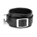 Black leatherette adjustable cuff with silver buckle and metal D-ring restraint attachment on white background.