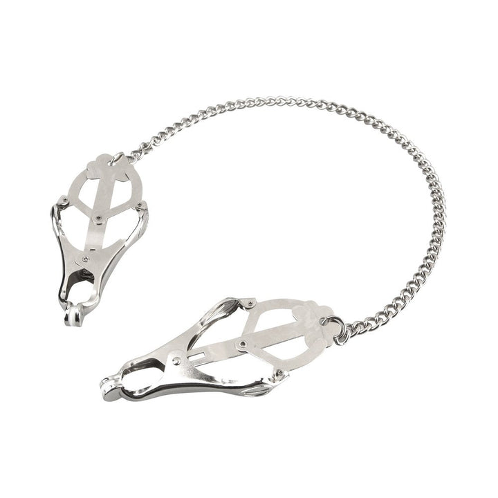 Silver Lux Fetish Japanese Clover Nipple Clamps connected by a delicate chain on white background.
