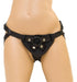 Black neoprene adjustable strap on harness displayed on a mannequin torso with metal rivet details.