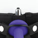 Close-up of black neoprene strap on harness with purple dildo and silver bullet vibrator pocket detail